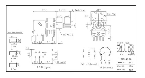 Potenciômetro giratório DPDT do resistor variável do potenciômetro 0.2W do botão 10k do PWB